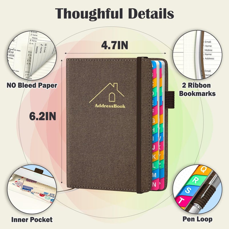 Witsbrez Address Book with Colorful Alphabetical Tabs, 4.7" X 6.2" Hardcover Address and Phone Number Book for Record Contacts, Telephone Address and Password Book Combo for Seniors (Royal Brown) - Image 5